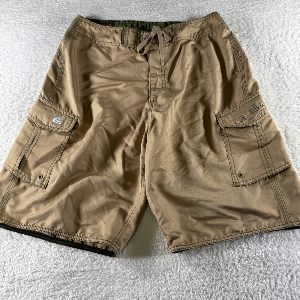 Y2K Quiksilver Board Shorts Swimming‎ Trunks Baggy Tan Cargo Pockets 32 Mens 10"